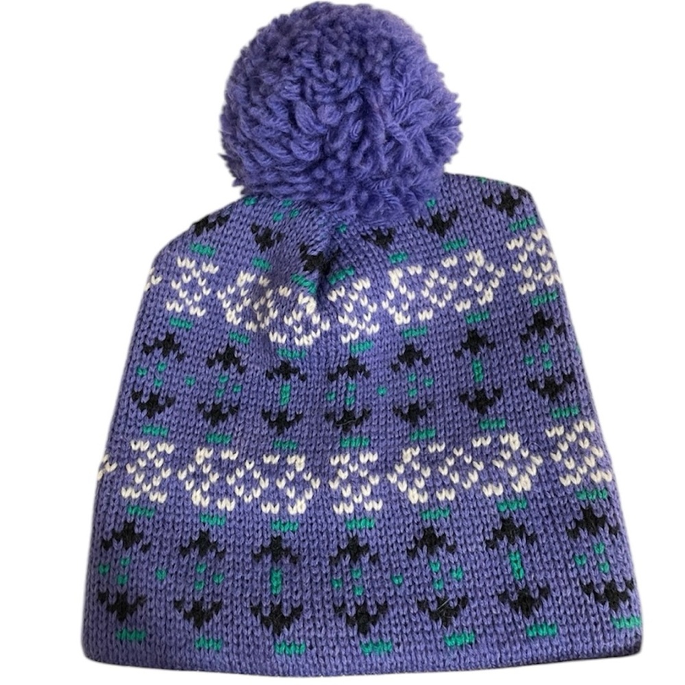 Vintage 80s MARCEAU Womens Blue Fair Isle Ski Wool Knit Beanie Hat Made In USA